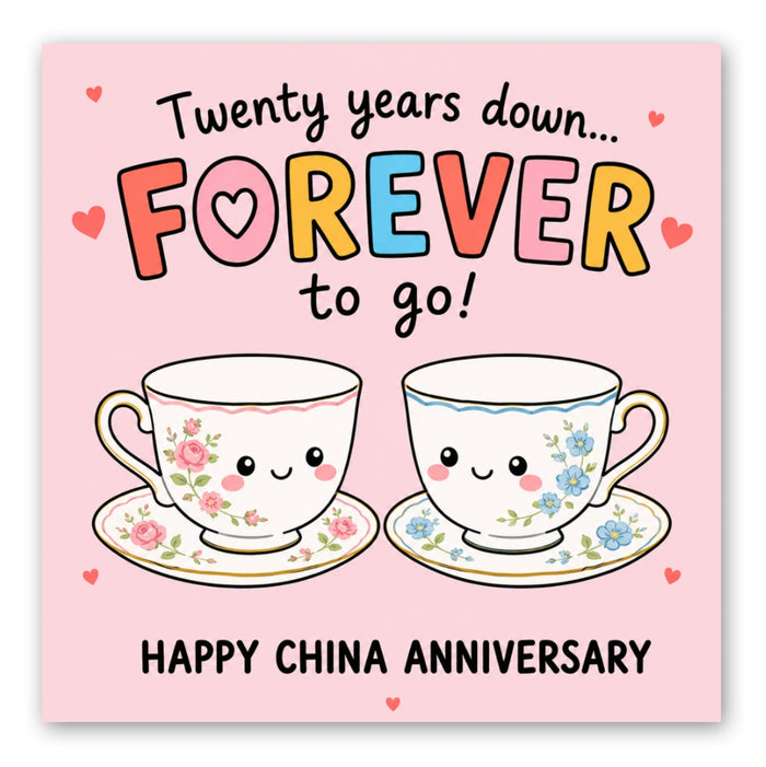 20th Wedding Anniversary Card - China Teacups - Front of Card