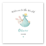 Personalised New Baby Boy Card - Bunny in Sling - Front of Card